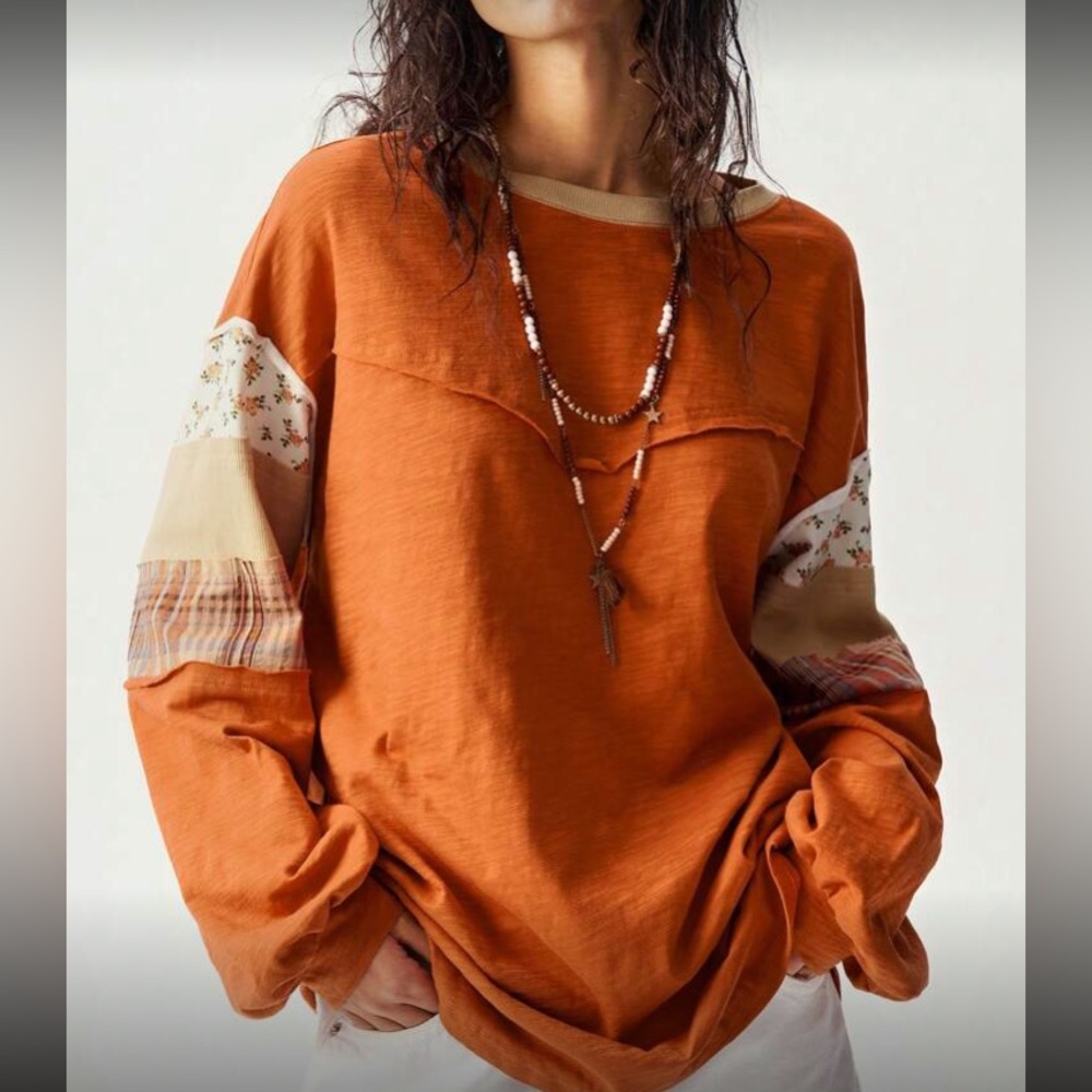 Rust Orange Patchwork Long Sleeve Top - image 7